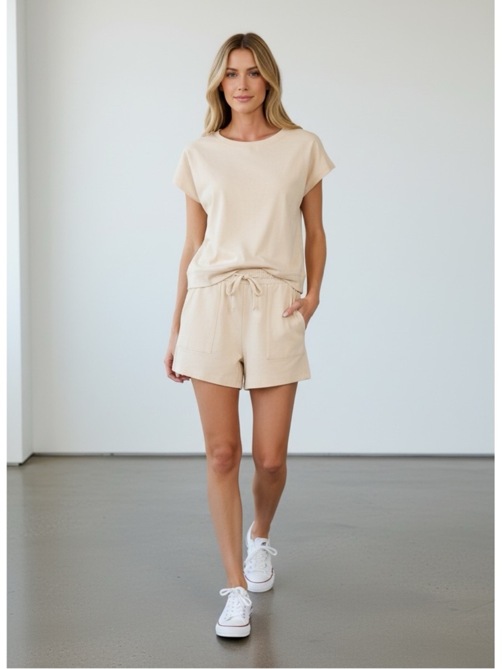 1477 • Bone Color 100% Cotton 2 Piece Shorts Set